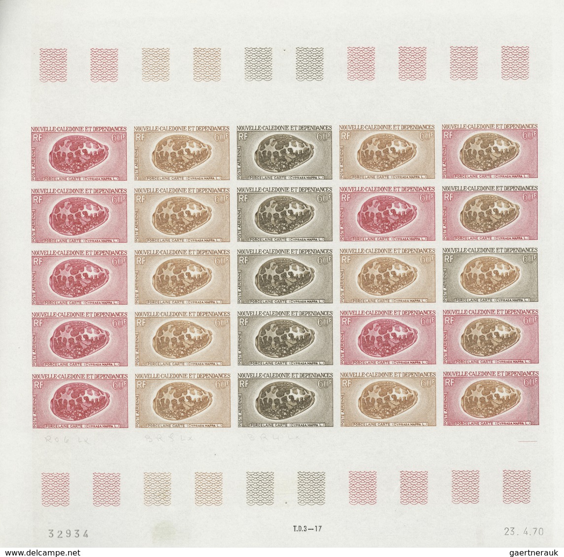 Neukaledonien: 1969/1975, IMPERFORATE COLOUR PROOFS, MNH collection of 58 complete sheets (=1.405 pr