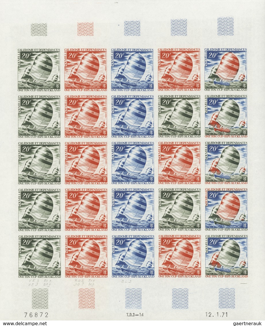 Neukaledonien: 1969/1975, IMPERFORATE COLOUR PROOFS, MNH collection of 58 complete sheets (=1.405 pr