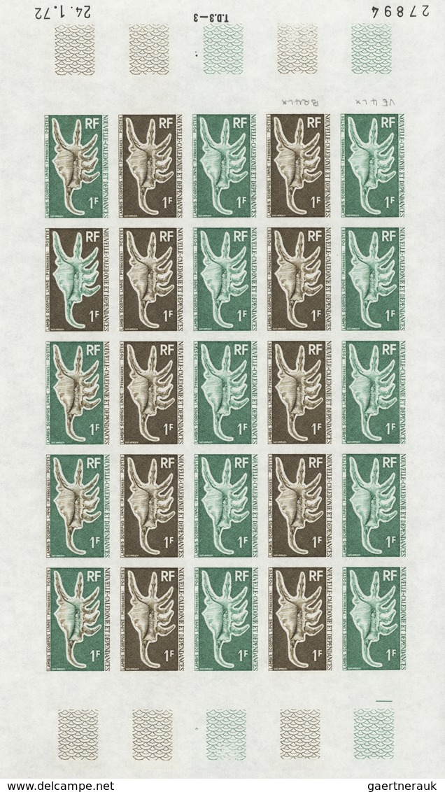 Neukaledonien: 1969/1975, IMPERFORATE COLOUR PROOFS, MNH collection of 58 complete sheets (=1.405 pr