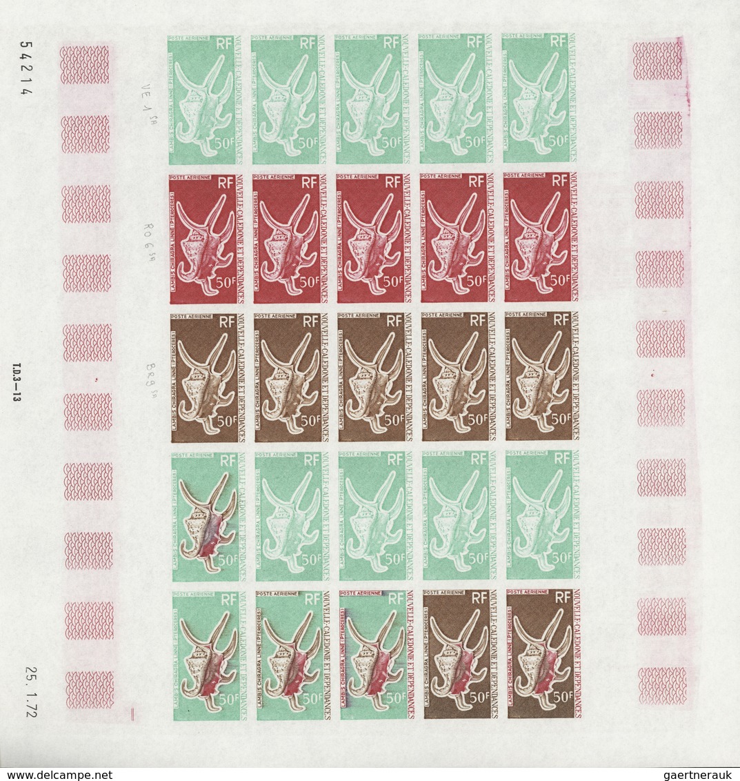 Neukaledonien: 1969/1975, IMPERFORATE COLOUR PROOFS, MNH collection of 58 complete sheets (=1.405 pr