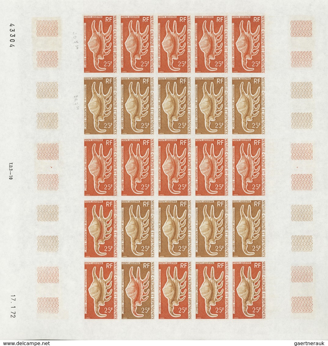 Neukaledonien: 1969/1975, IMPERFORATE COLOUR PROOFS, MNH collection of 58 complete sheets (=1.405 pr