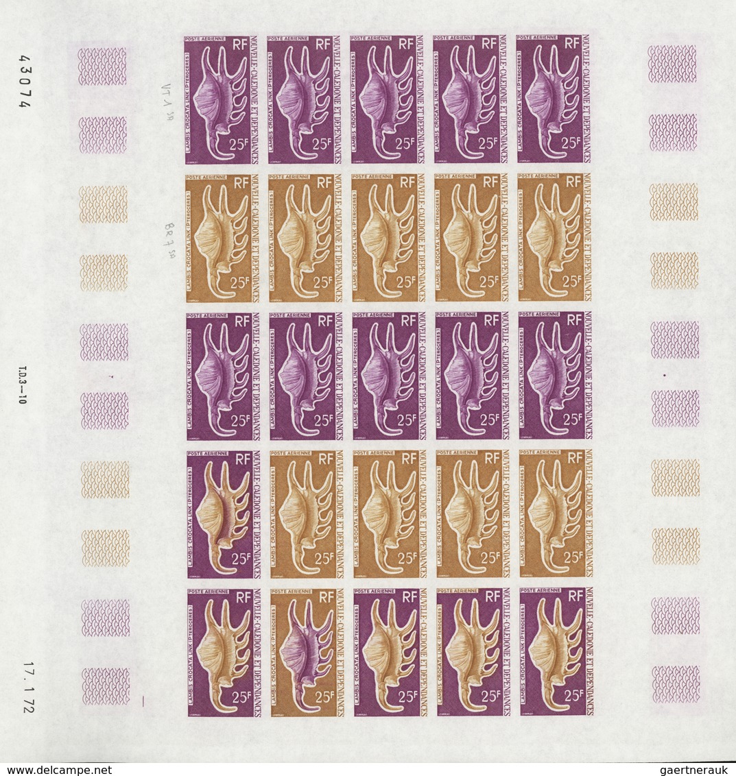 Neukaledonien: 1969/1975, IMPERFORATE COLOUR PROOFS, MNH collection of 58 complete sheets (=1.405 pr