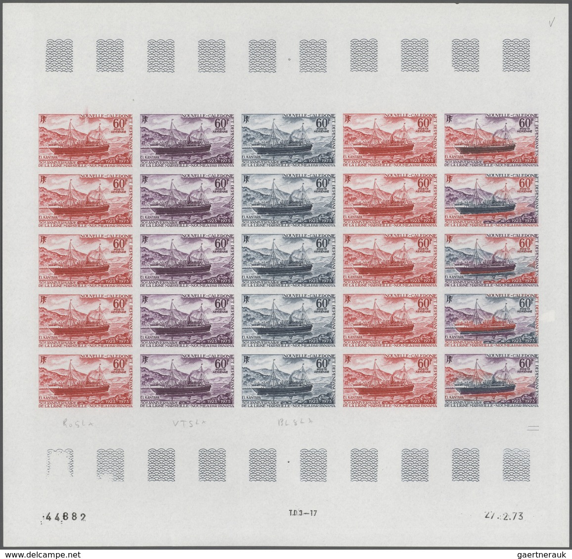 Neukaledonien: 1969/1975, IMPERFORATE COLOUR PROOFS, MNH collection of 58 complete sheets (=1.405 pr