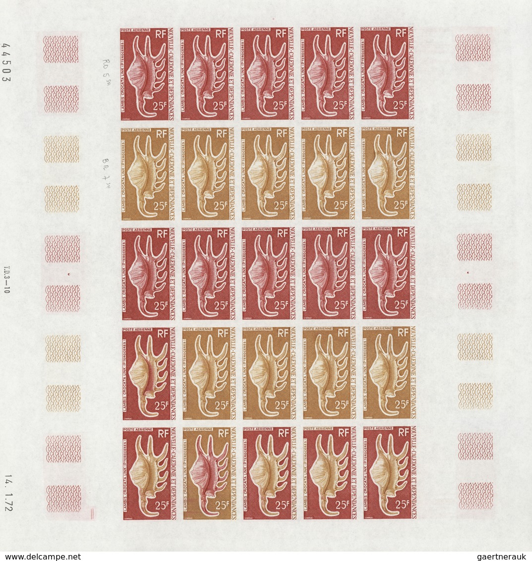 Neukaledonien: 1969/1975, IMPERFORATE COLOUR PROOFS, MNH collection of 58 complete sheets (=1.405 pr