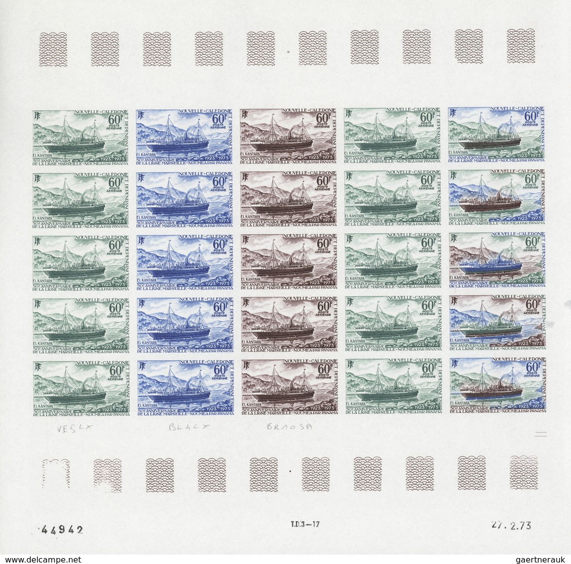 Neukaledonien: 1969/1975, IMPERFORATE COLOUR PROOFS, MNH collection of 58 complete sheets (=1.405 pr