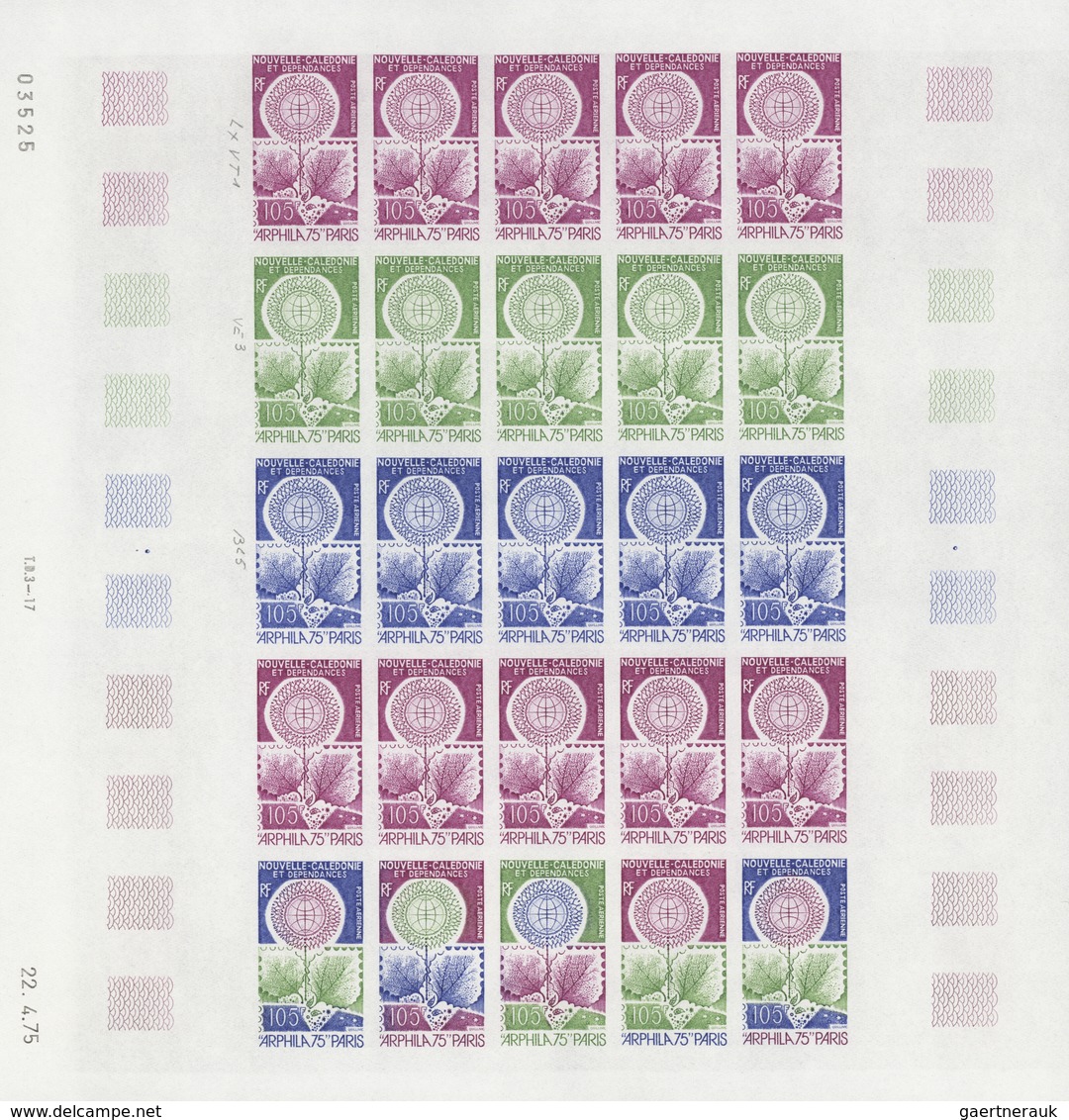 Neukaledonien: 1969/1975, IMPERFORATE COLOUR PROOFS, MNH collection of 58 complete sheets (=1.405 pr