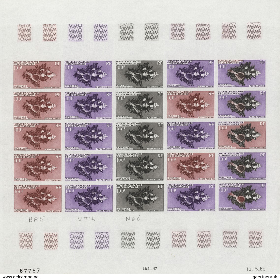 Neukaledonien: 1969/1975, IMPERFORATE COLOUR PROOFS, MNH collection of 58 complete sheets (=1.405 pr