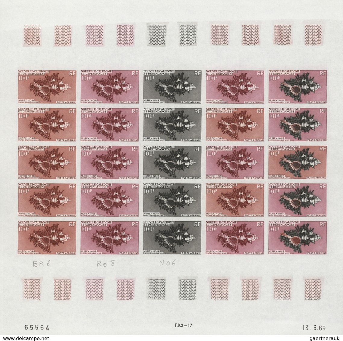 Neukaledonien: 1969/1975, IMPERFORATE COLOUR PROOFS, MNH collection of 58 complete sheets (=1.405 pr