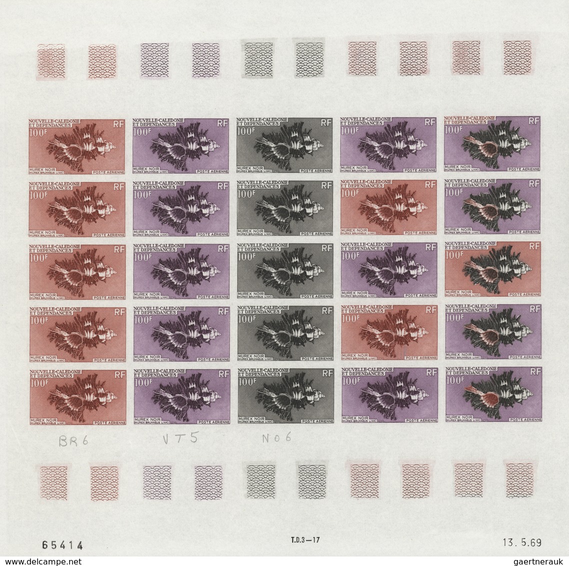 Neukaledonien: 1969/1975, IMPERFORATE COLOUR PROOFS, MNH collection of 58 complete sheets (=1.405 pr