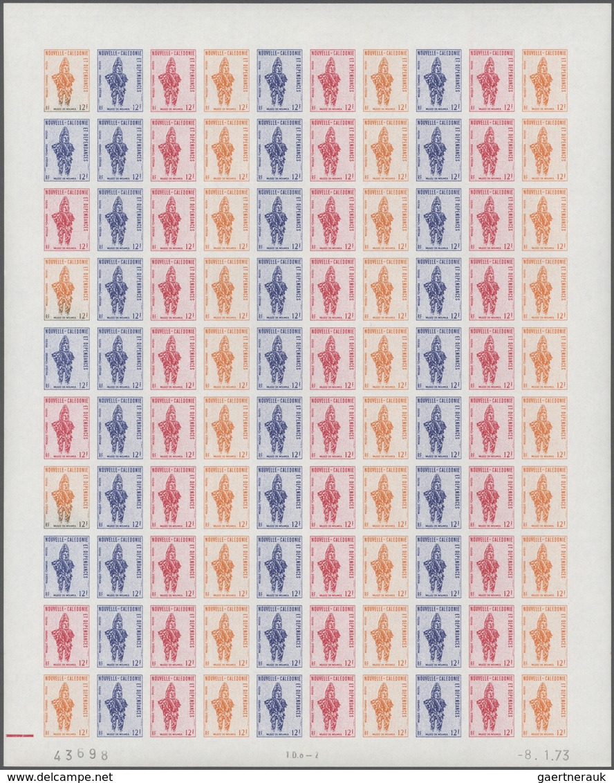 Neukaledonien: 1973. Lot Of 3 Color Proof Sheets Of 100 For The Definitive Issue "Tchamba Mask". Pri - Storia Postale