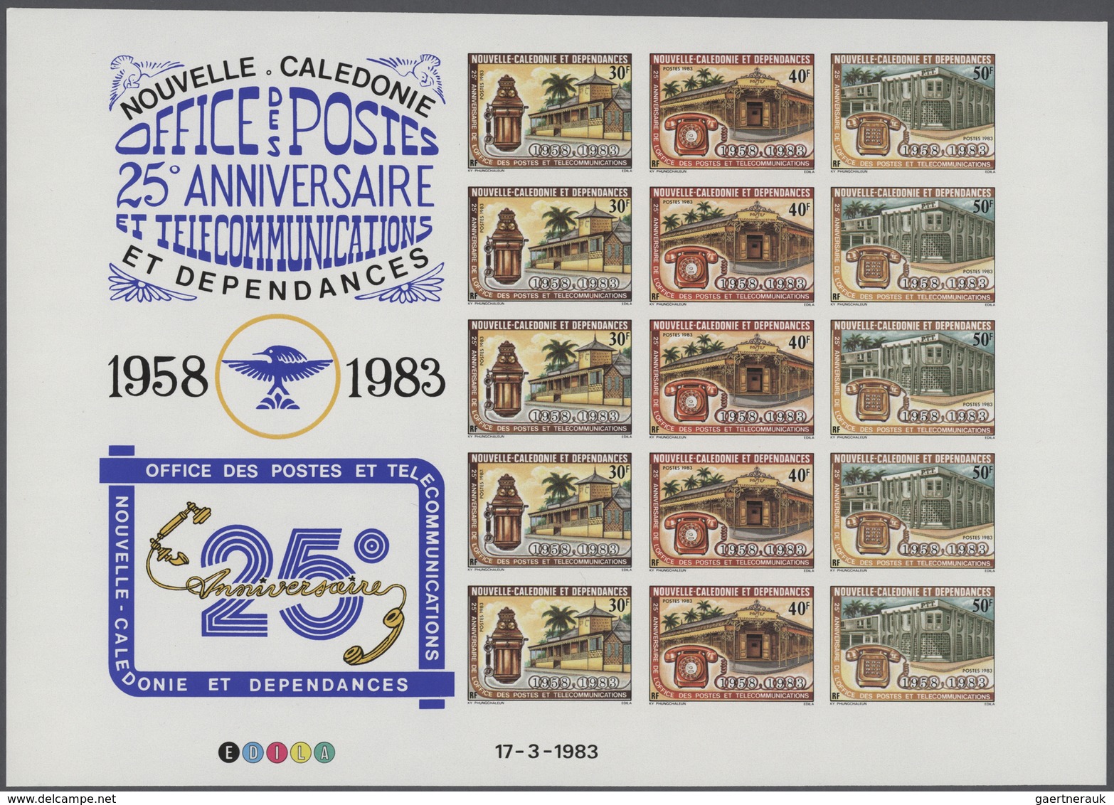 Neukaledonien: 1983, 25th Anniversary Of PTT, Lot Of 41 IMPERFORATE Se-tenant Sheets (of Five Strips - Storia Postale