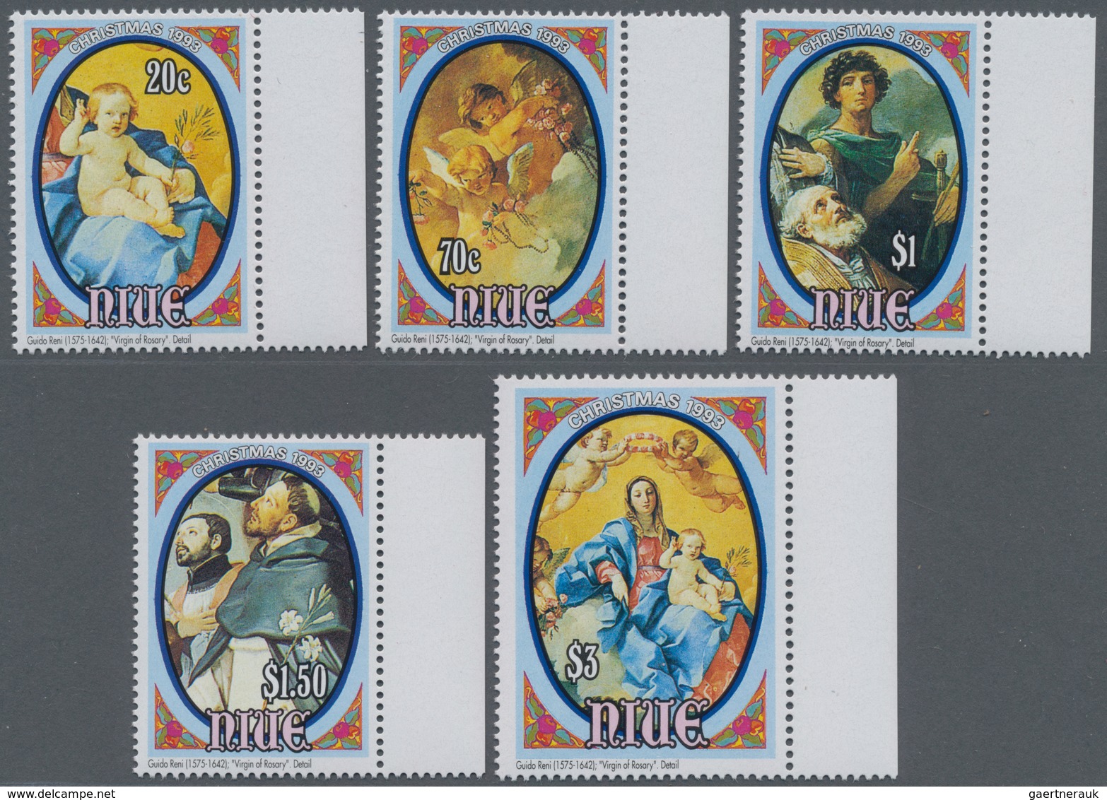 Niue: 1993, Christmas Complete Set Of Five With Painting From Guido Reni (details Of Rosary Madonna) - Niue