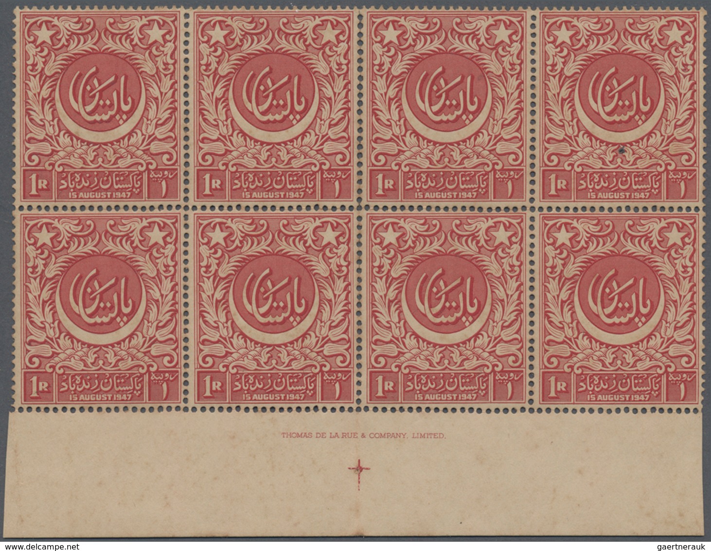 Pakistan: 1948-49 Three Good Multiples, With 1) 1948 1r. Bottom Marginal Block Of Eight With Printer - Pakistán