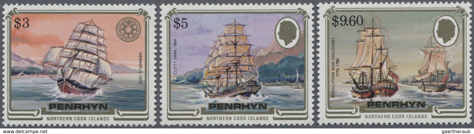 Penrhyn: 1984, Ship Definitives The Three Key Values $3 ’Mermerus‘, $5 ‚Cutty Sark‘ And $9.60 ‚Resol - Penrhyn