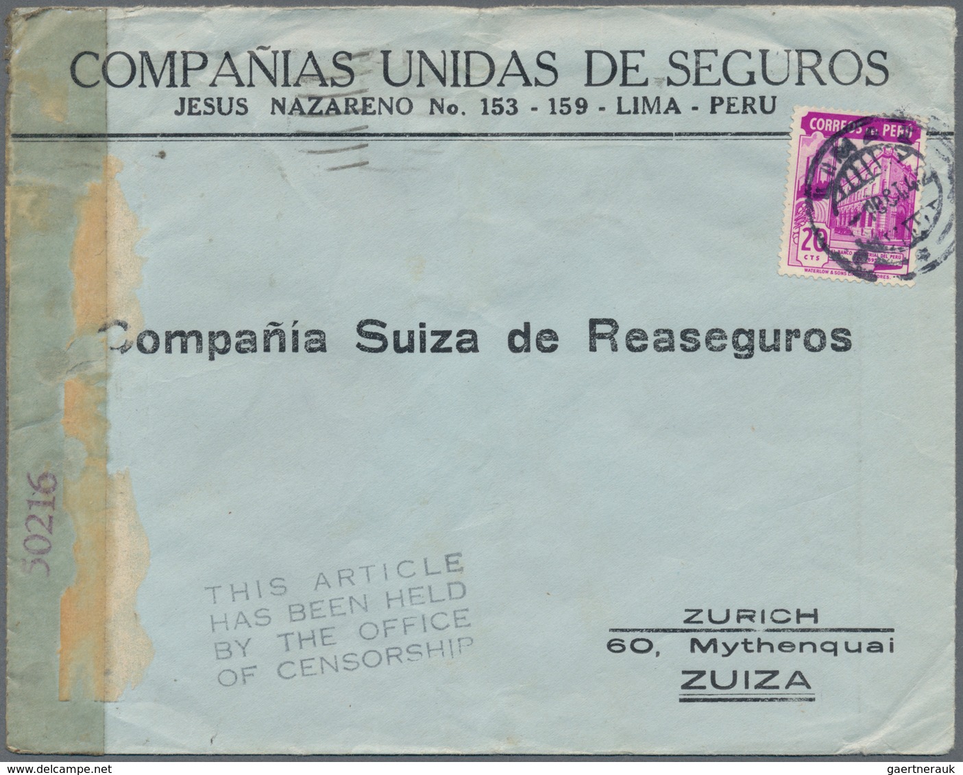 Peru: 1878/1963 (ca.), covers 22) and stationery (5) inc. interesting censored WW-II covers to Switz