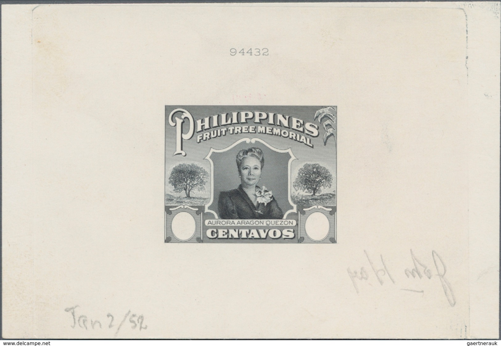 Philippinen: 1952, Fruit Tree Memorial "Aurora A. Quezon", Group Of Four ABN Single Die Proofs (thre - Philippinen