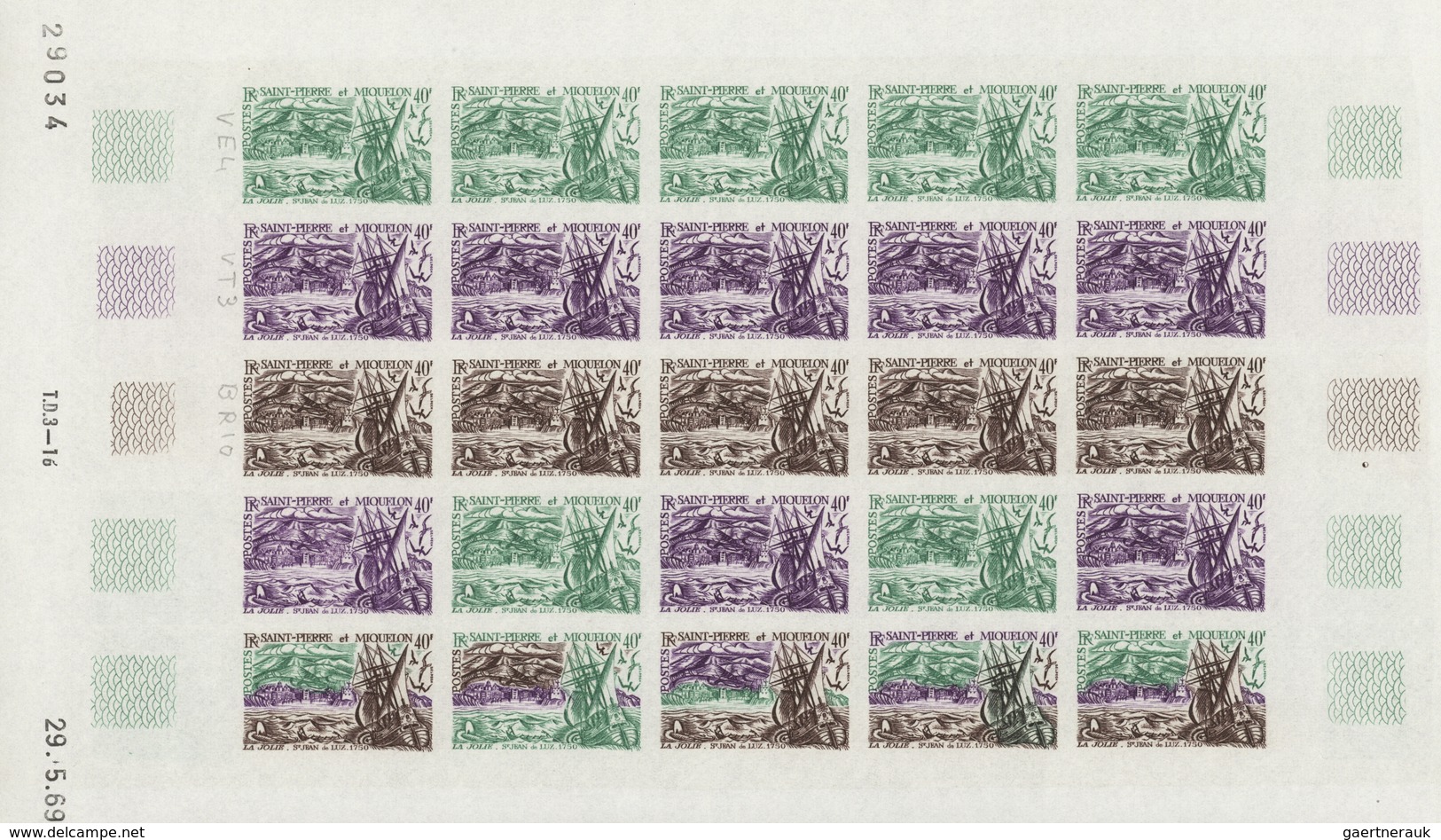 St. Pierre und Miquelon: 1969/1975, IMPERFORATE COLOUR PROOFS, MNH collection of 49 complete sheets