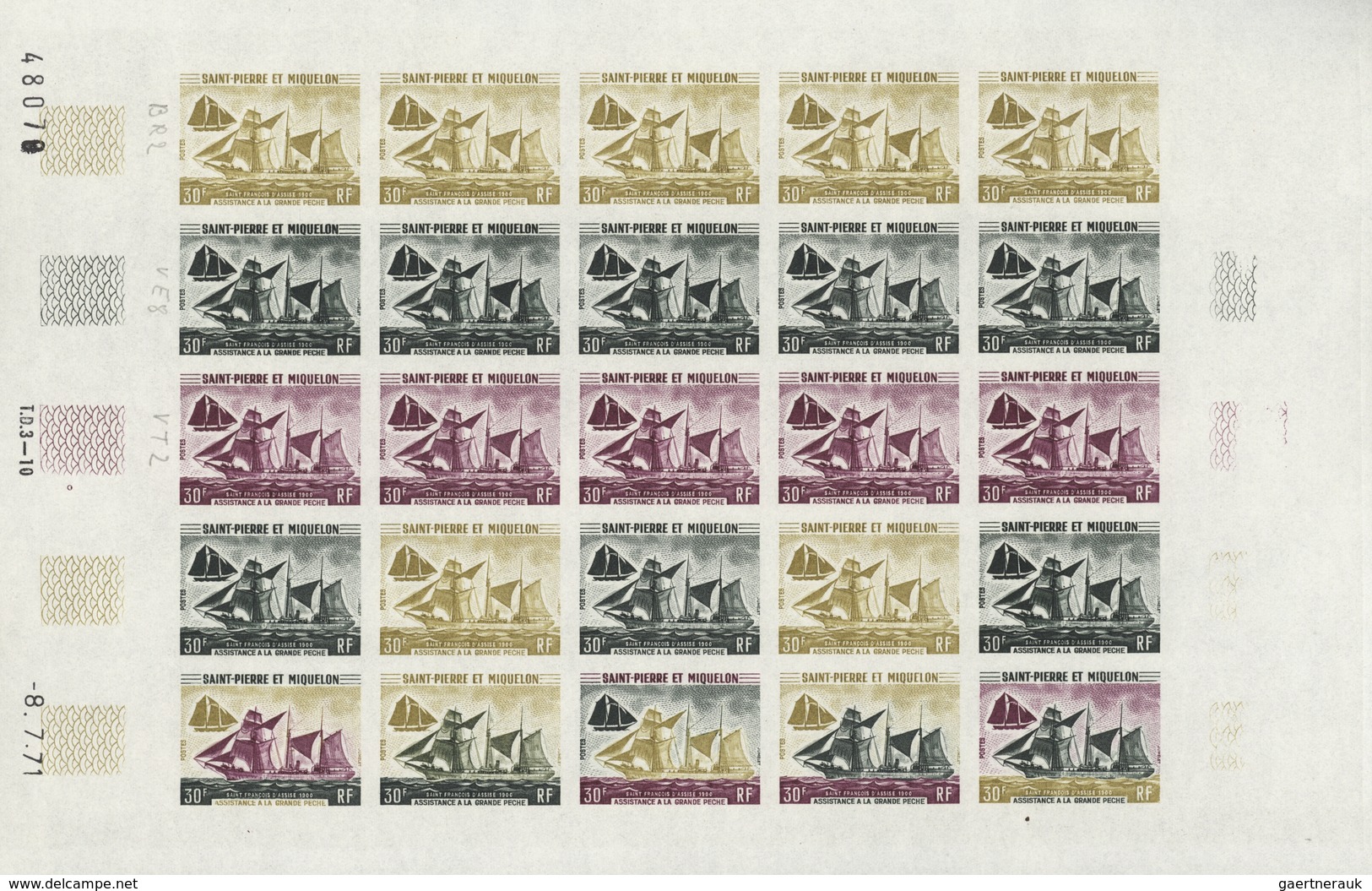 St. Pierre und Miquelon: 1969/1975, IMPERFORATE COLOUR PROOFS, MNH collection of 49 complete sheets