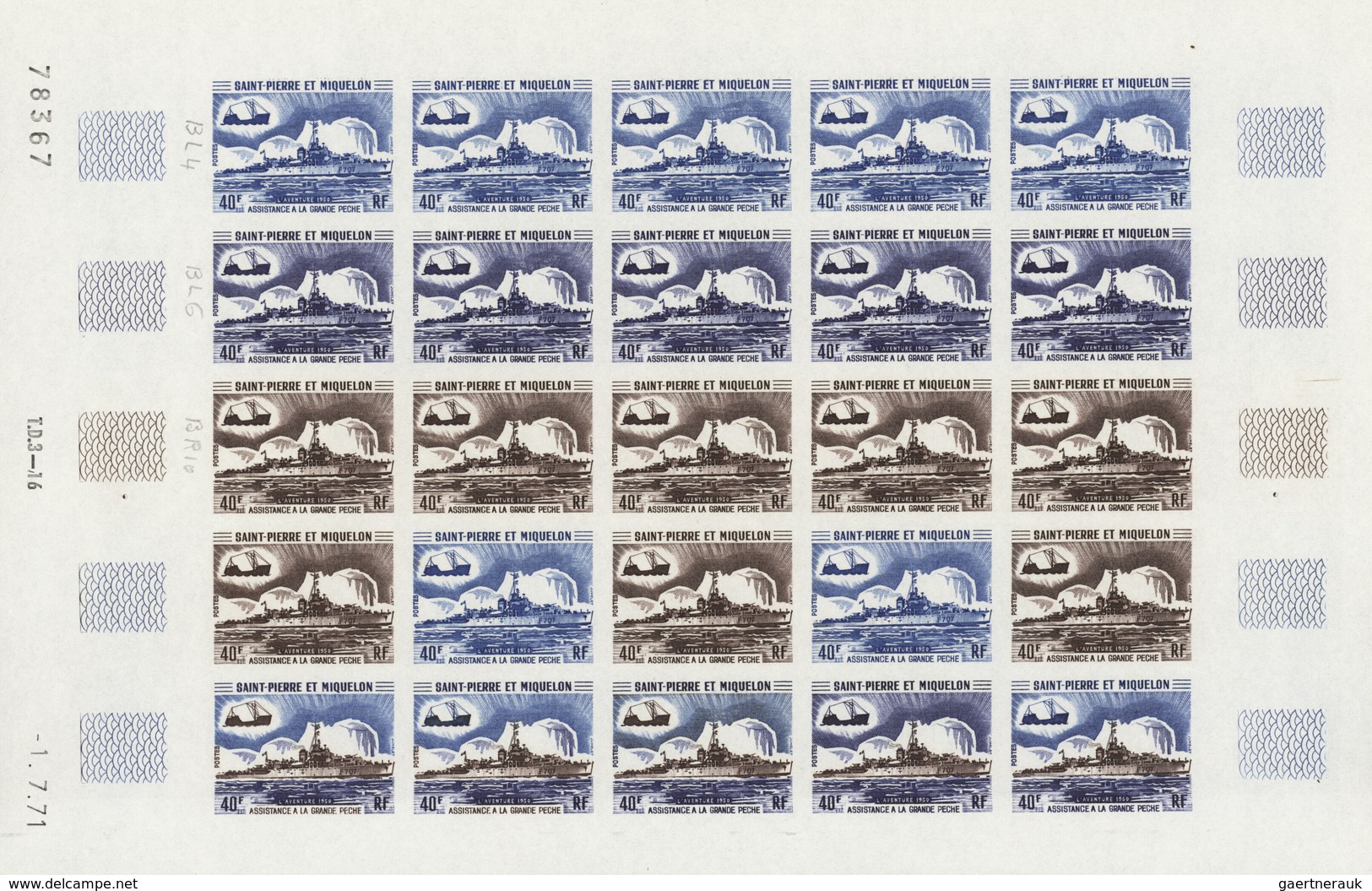 St. Pierre und Miquelon: 1969/1975, IMPERFORATE COLOUR PROOFS, MNH collection of 49 complete sheets