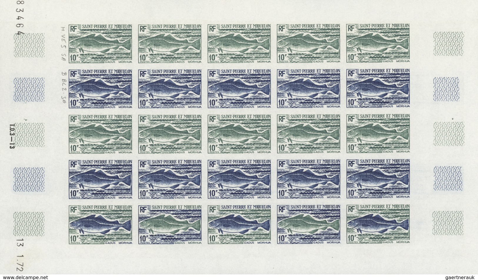 St. Pierre und Miquelon: 1969/1975, IMPERFORATE COLOUR PROOFS, MNH collection of 49 complete sheets