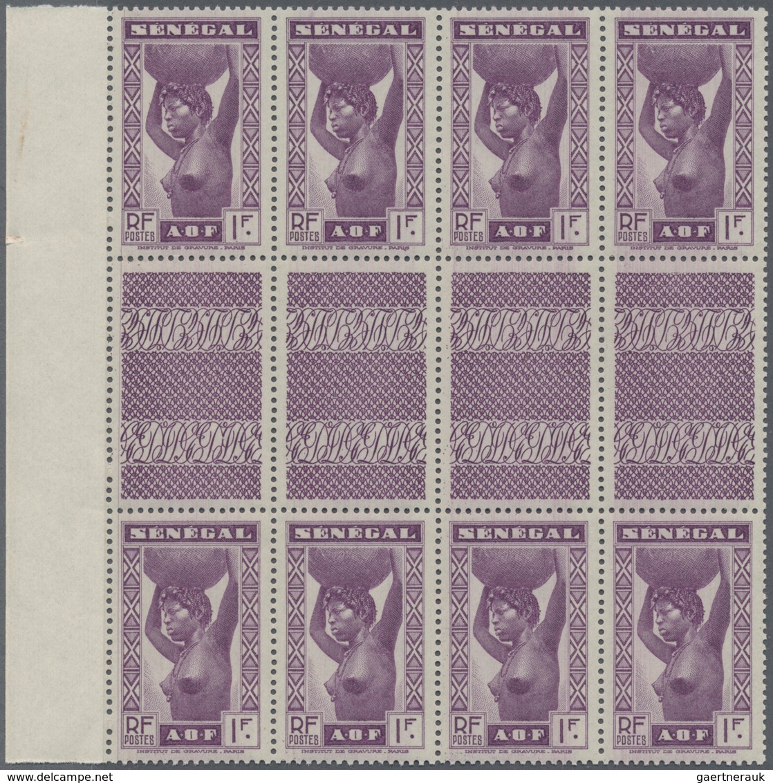 Senegal: 1938, Native Woman 1fr. In VIOLET Instead Of Carmine In A Lot With 80 Stamps In Larger Bloc - Sonstige & Ohne Zuordnung