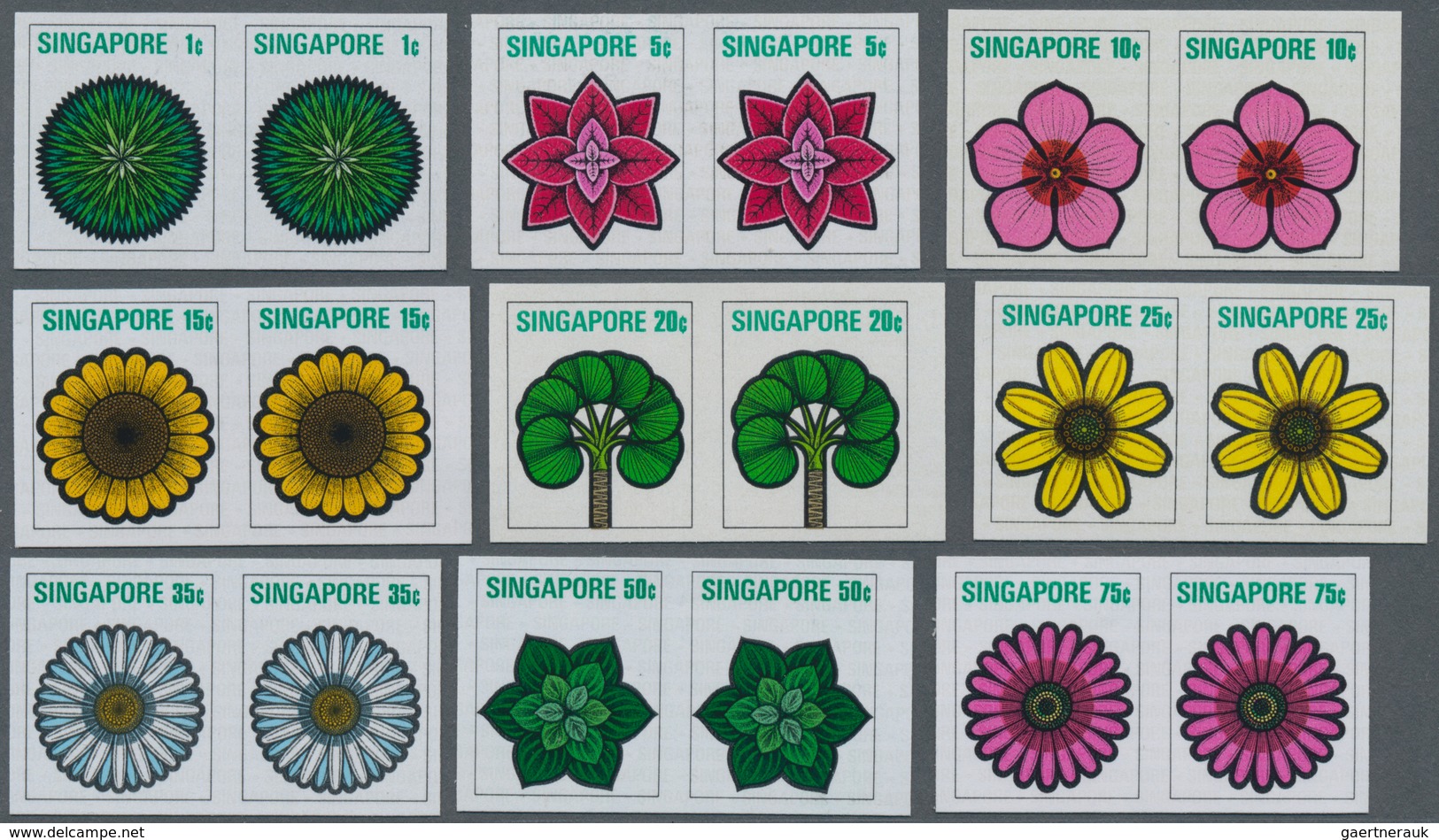 Singapur: 1973, SINGAPORE: Flowers Defintives Set Of Nine 1c. To 75c. In A Lot With About 20 IMPERFO - Singapur (...-1959)