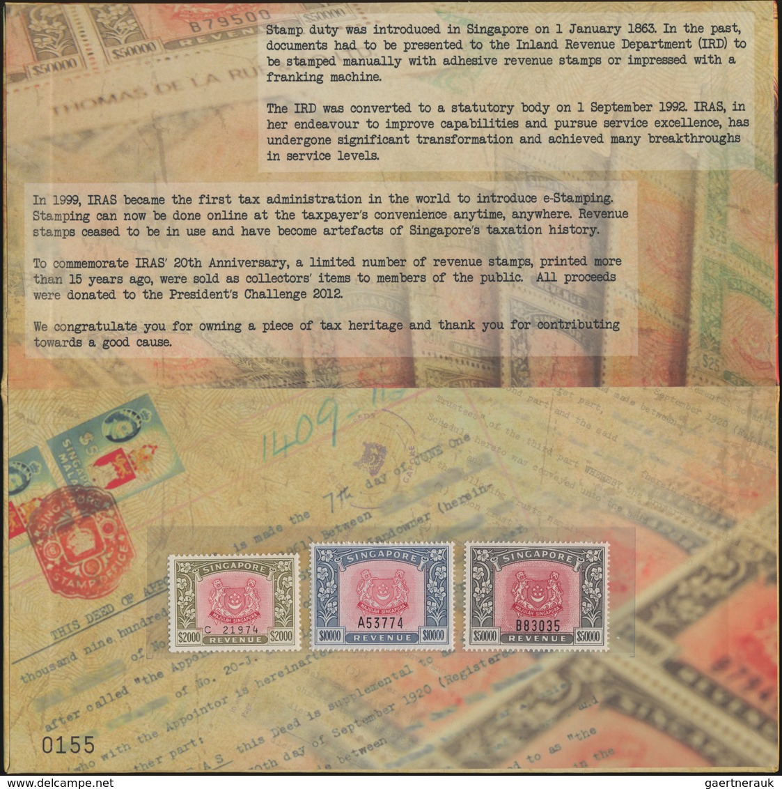 Singapur: 2012, REVENUES, Three Souvenir Folders "In Celebration Of IRAS' 20th Anniversary", Compris - Singapur (...-1959)