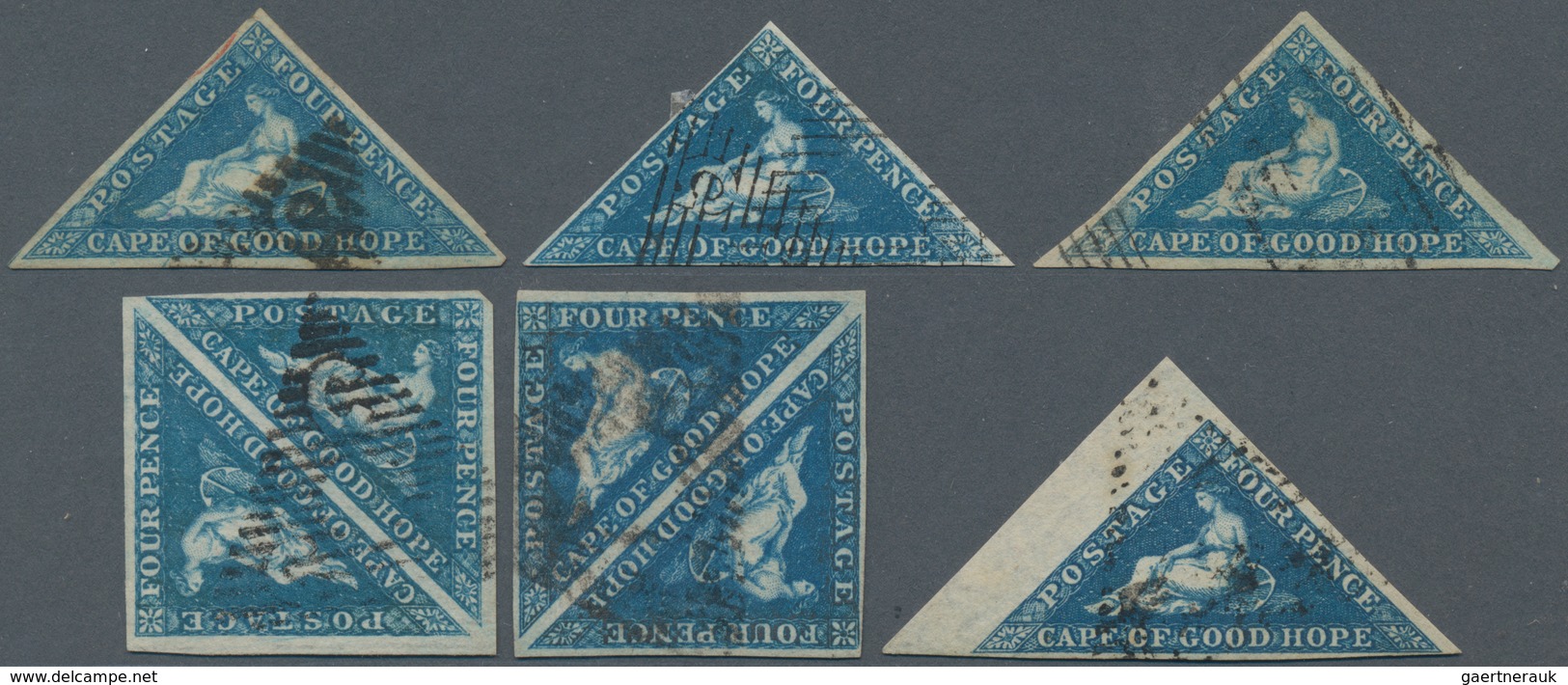 Kap Der Guten Hoffnung: 1855/860, TRIANGULARS, 4d. Blue, Specialised Group Of Nine Stamps Incl. Two - Kap Der Guten Hoffnung (1853-1904)