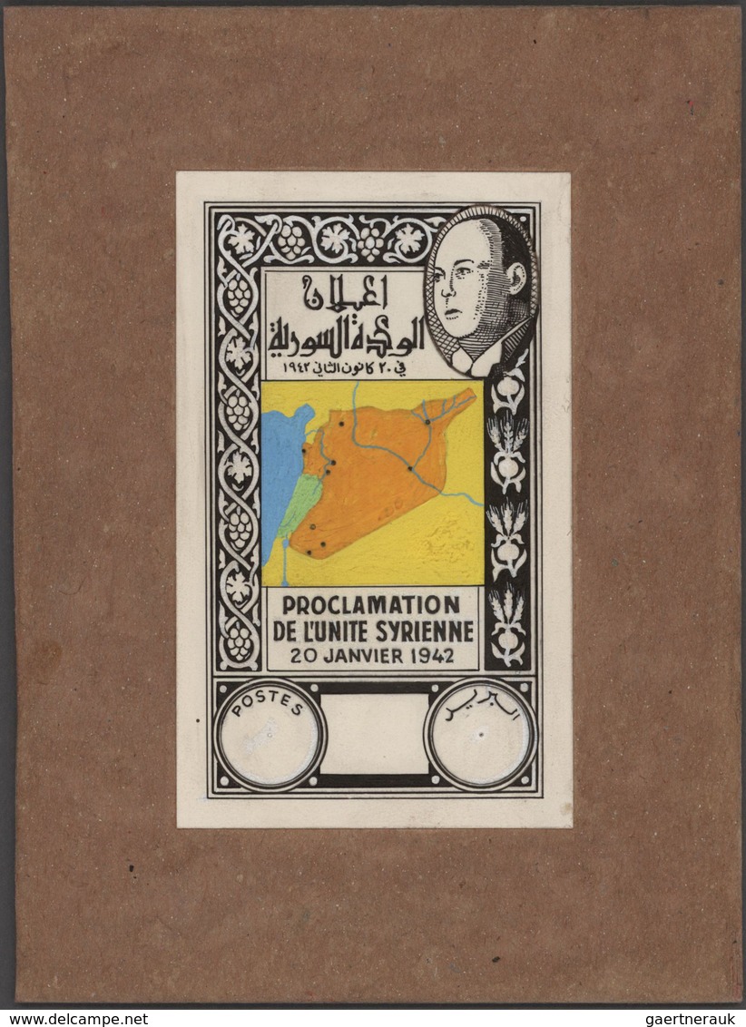 Syrien: 1938/1955. Astonishing collection of 45 ARTIST'S DRAWINGS for stamps of the named period, st