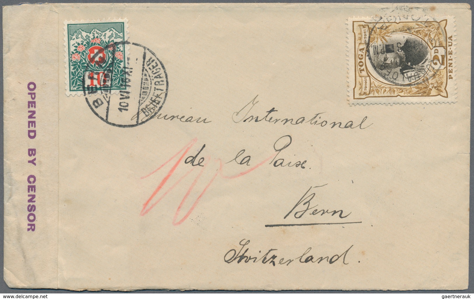 Tonga: 1916/66, 2d Tied "NUKUALOFA JA 13 16" To Censored Cover To The International Peace Office At - Tonga (...-1970)