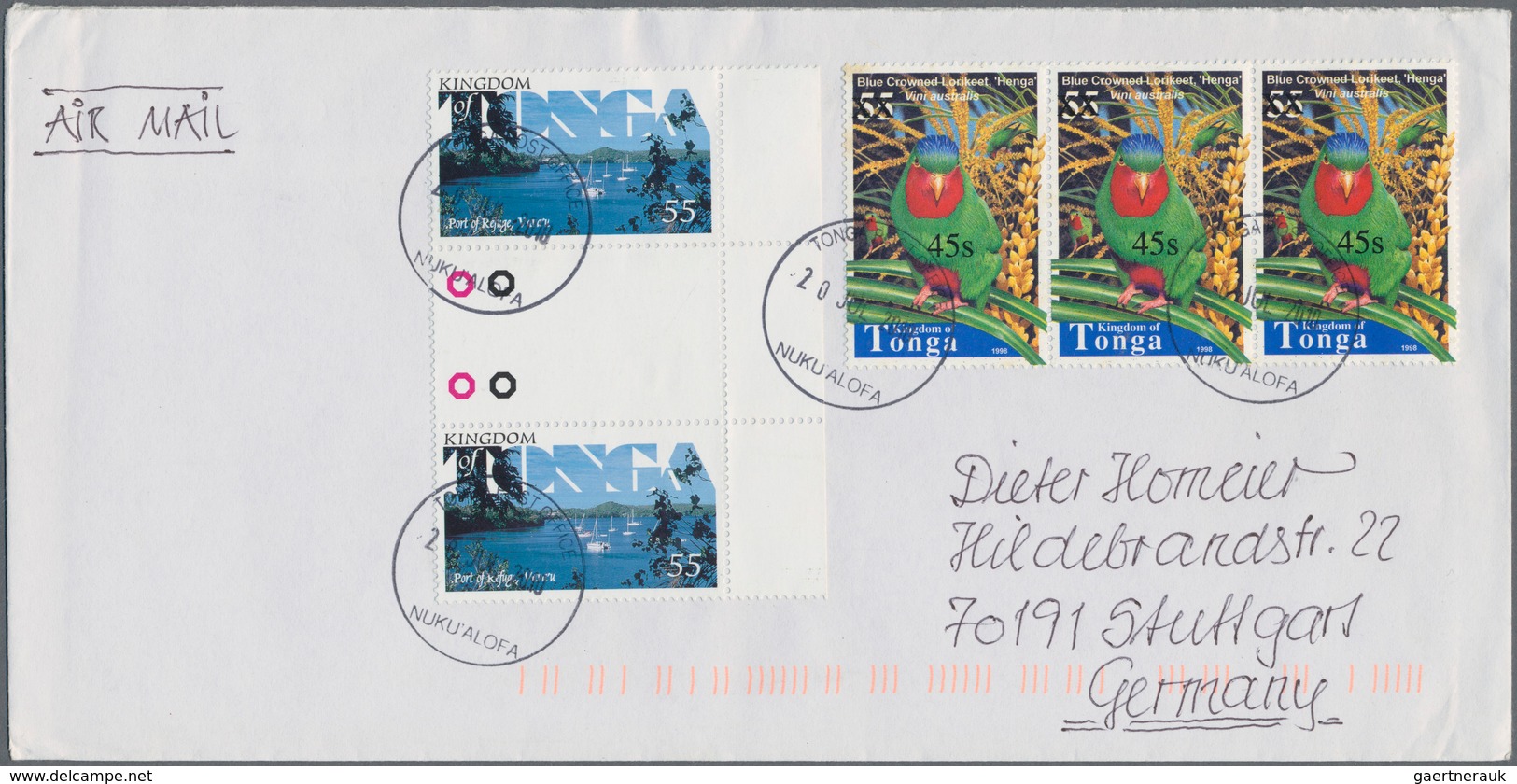 Tonga: 2010, seven covers with the scarce overprinted stamps, all sent to Germany. With attractive t