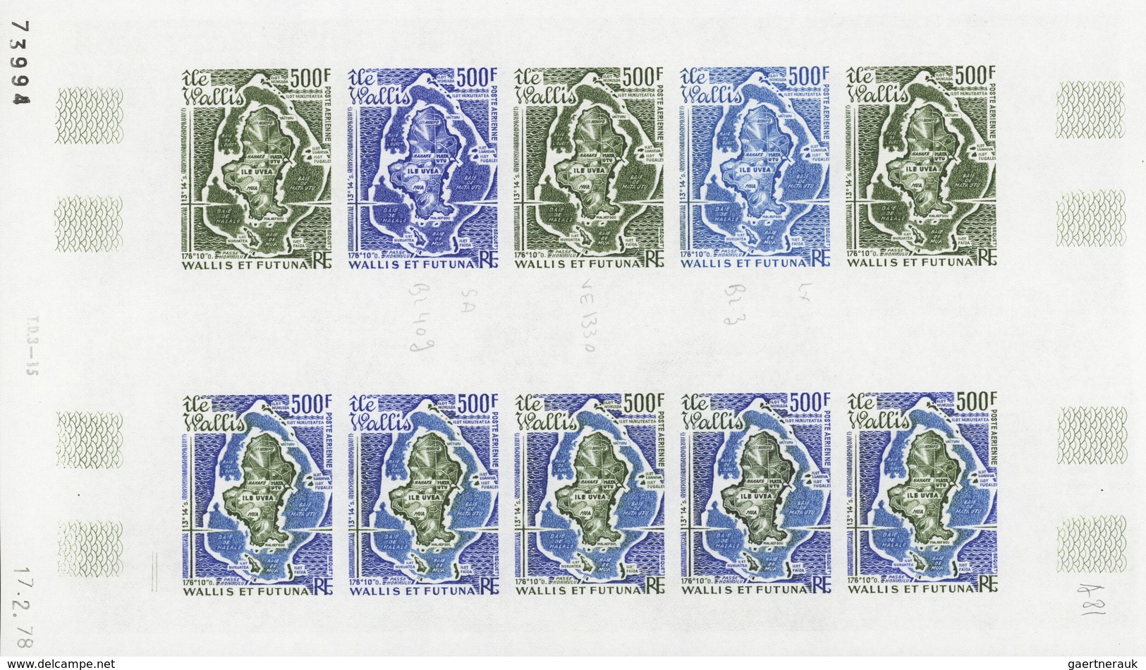 Wallis- und Futuna-Inseln: 1973/1978, IMPERFORATE COLOUR PROOFS, MNH collection of 33 complete sheet