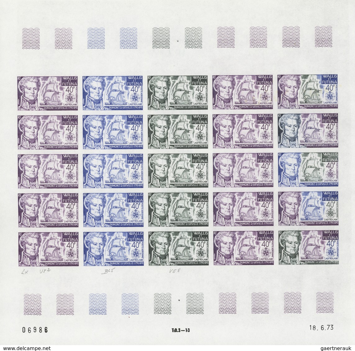 Wallis- und Futuna-Inseln: 1973/1978, IMPERFORATE COLOUR PROOFS, MNH collection of 33 complete sheet