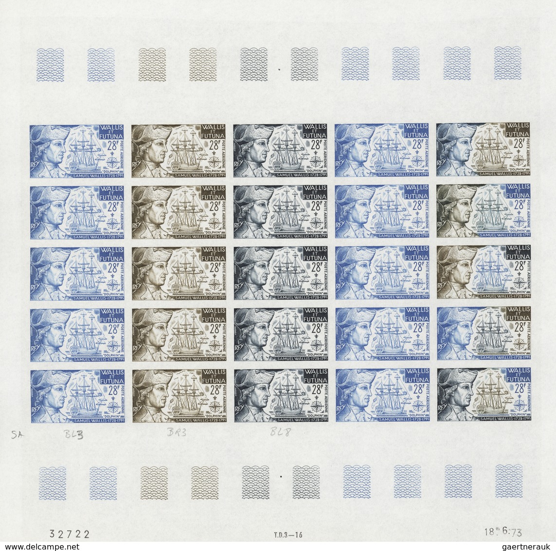 Wallis- und Futuna-Inseln: 1973/1978, IMPERFORATE COLOUR PROOFS, MNH collection of 33 complete sheet