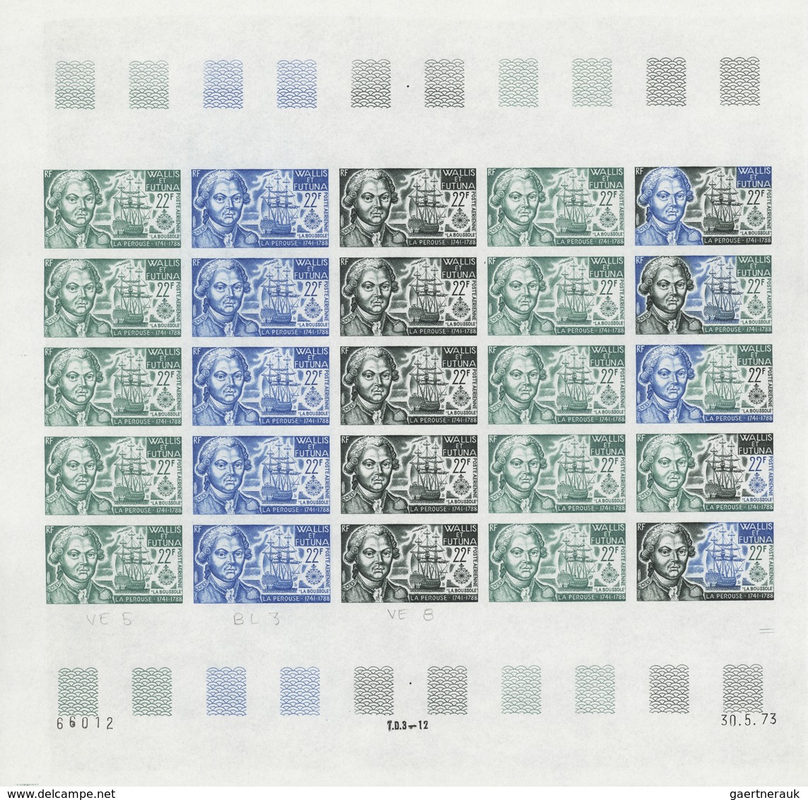 Wallis- und Futuna-Inseln: 1973/1978, IMPERFORATE COLOUR PROOFS, MNH collection of 33 complete sheet