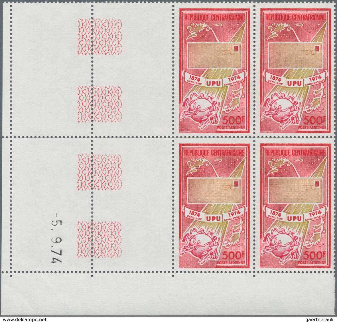 Zentralafrikanische Republik: 1974, 100 Years Of World Postal Union (UPU) 500fr. Showing Letter And - Repubblica Centroafricana