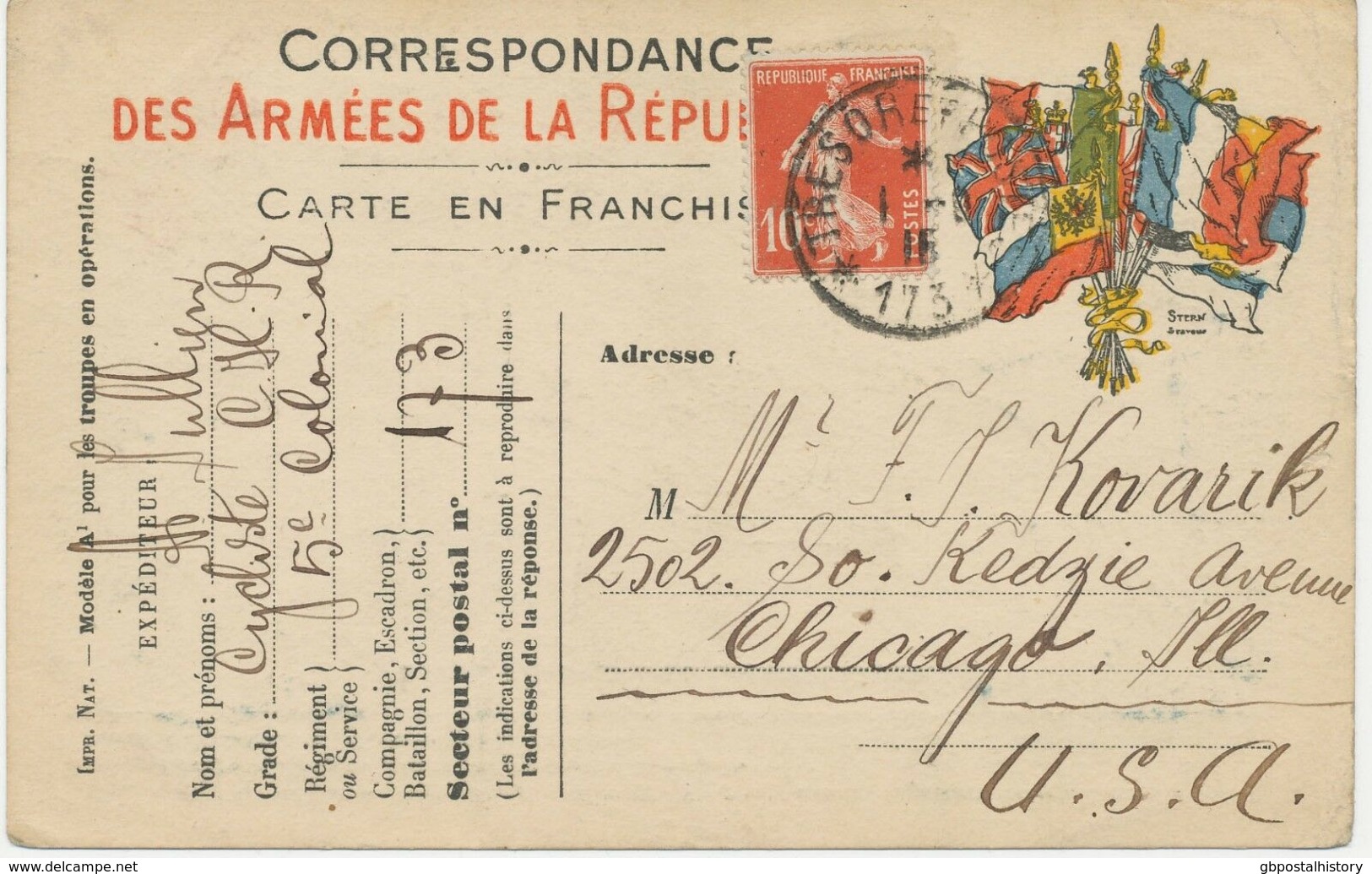 FRANKREICH 1915, "TRESOR ET POSTES - 173" K1 A. Dek. Fahnen-Feldpostkarte N USA - Guerra De 1914-18