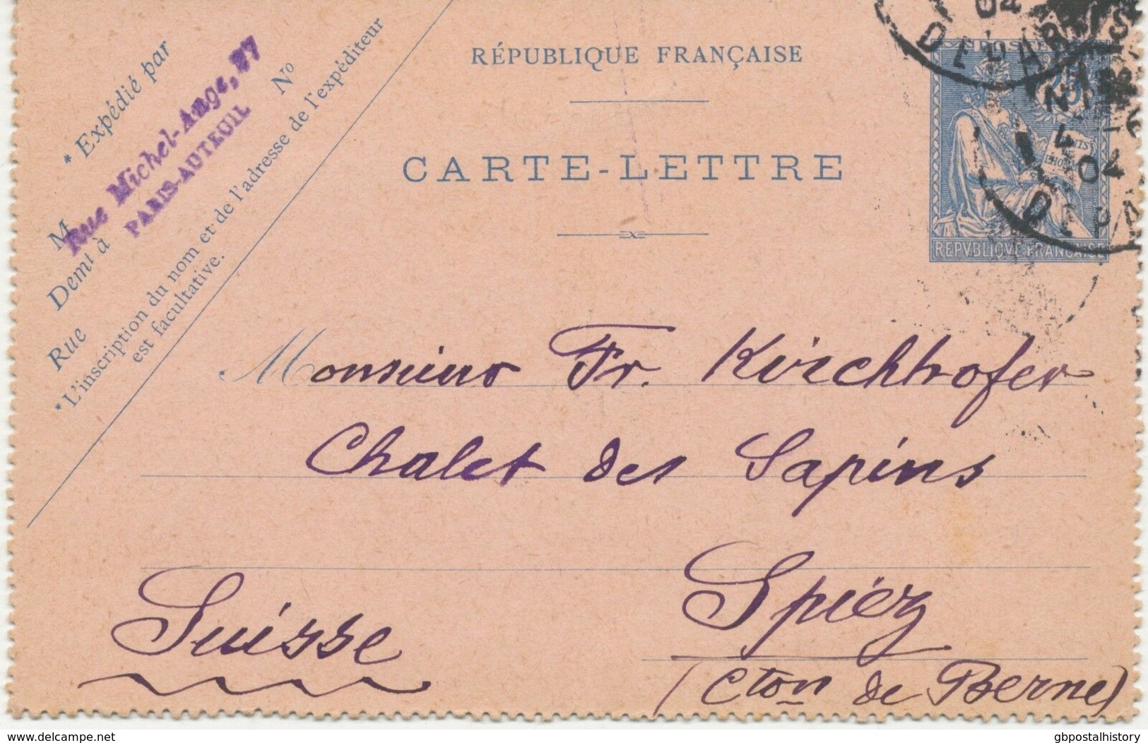 FRANKREICH 1904 Allegorie Menschenrechte 25 C Kab.-Kartenbrief PARIS Nach SPIEZ - Cartas & Documentos