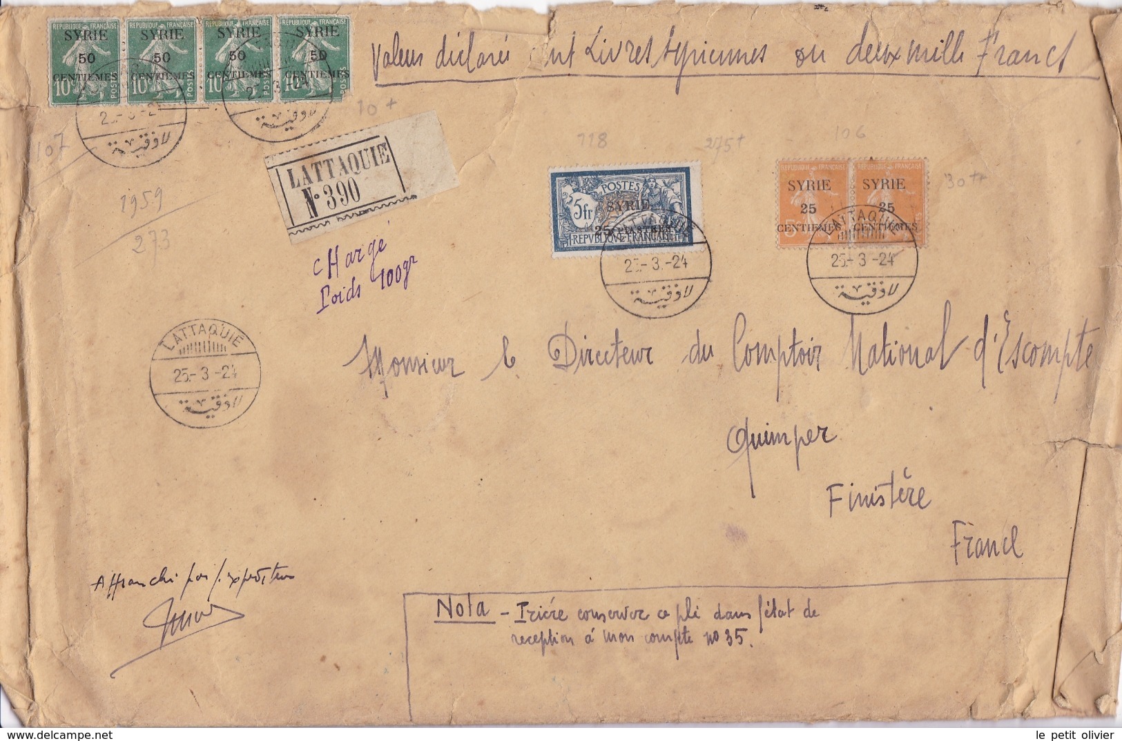 LETTRE EN DATE DE 1924 AVEC TIMBRE FRANÇAIS SURCHARGE SYRIE / TRÈS RARE - Oblitérés