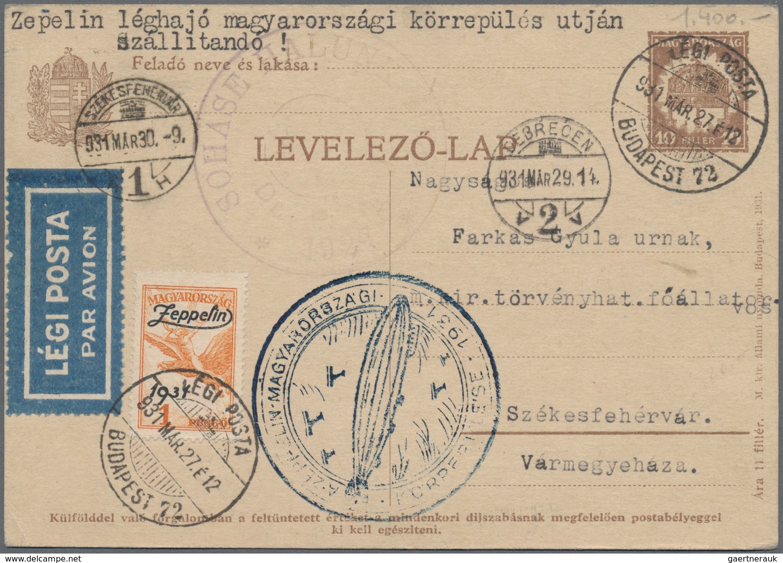 Zeppelinpost Europa: 1931, Trip To Hungary, Lot Of Four Entires: Two Cards With 1p., Cover With 2p. - Altri - Europa