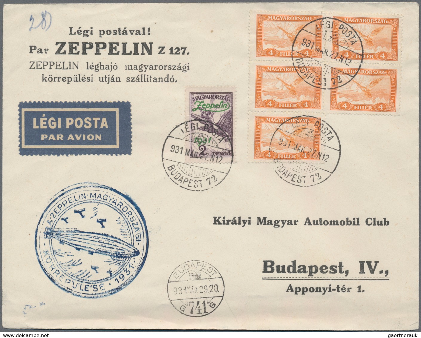 Zeppelinpost Europa: 1931, Trip To Hungary, Lot Of Four Entires: Two Cards With 1p., Cover With 2p. - Otros - Europa