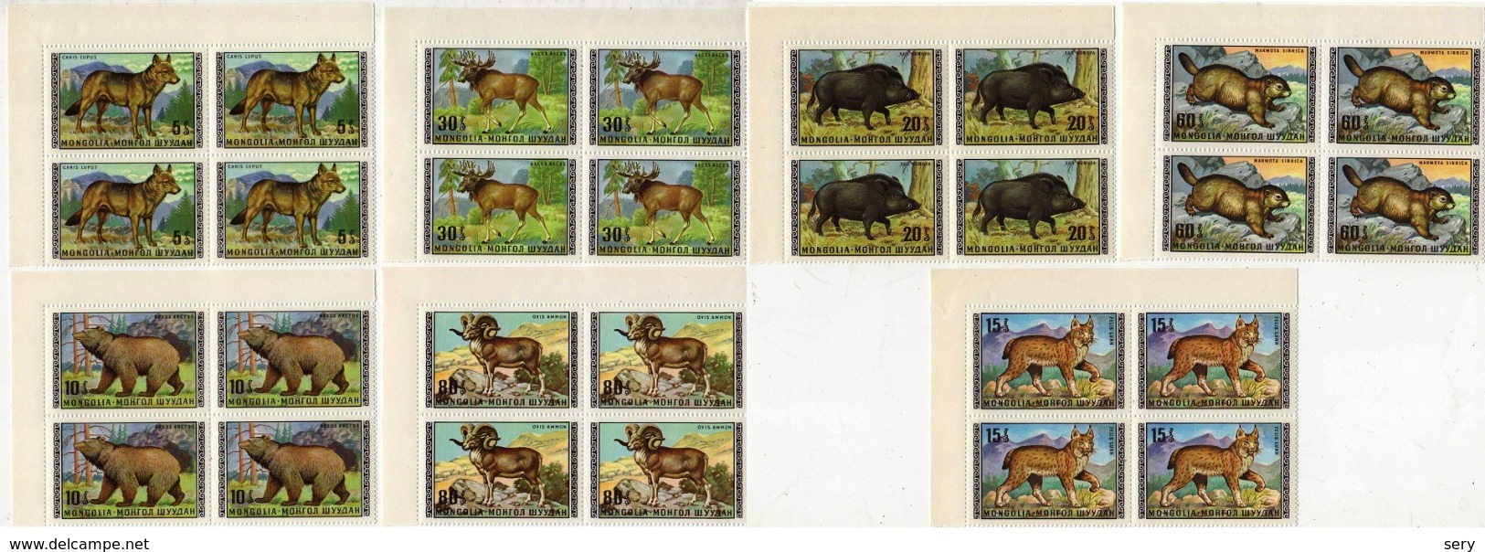 MONGOLIA 1970 Set 8 Block Of 4 V MNH FAUNA Wild Animals Wild Boar Trot Marmota Wolf Bear Elk Sheep - Bears