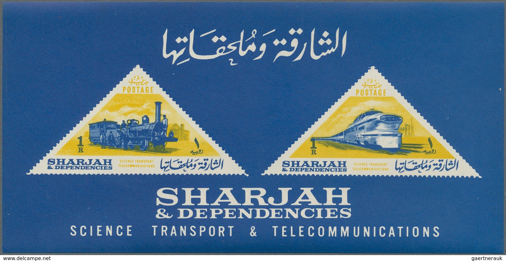 Thematik: Eisenbahn / Railway: 1965, Sharjah, Souvenir Sheet 1r.+1r. "Trains", 439 MNH Pieces. Miche - Trenes