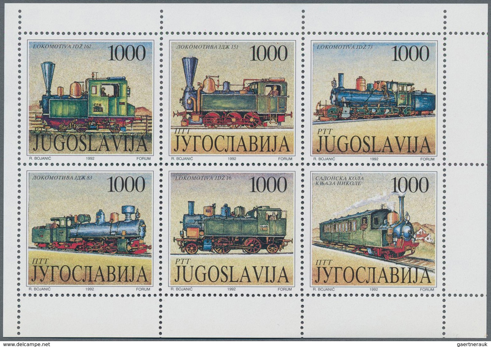 Thematik: Eisenbahn / Railway: 1992, Yugoslavia. Lot Of 1,000 Sets STEAMLOCOMOTIVES (6 Values) In Co - Eisenbahnen