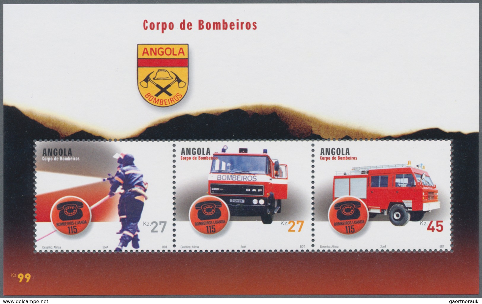 Thematik: Feuerwehr / Firebrigade: 2004, Angola: „FIRE BRIGADE “, Complete Set Of 3 In Miniature She - Bombero