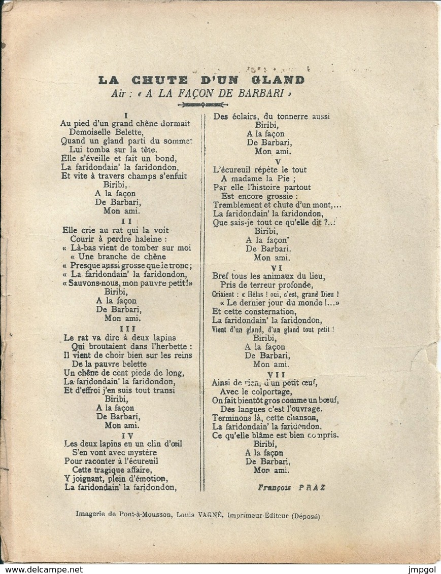 Couverture Cahier Chantez Moi ça Petits Enfants "La Chute D'un Gland à La Façon De Barbari" Louis Vagné Pont à Mousson - Book Covers