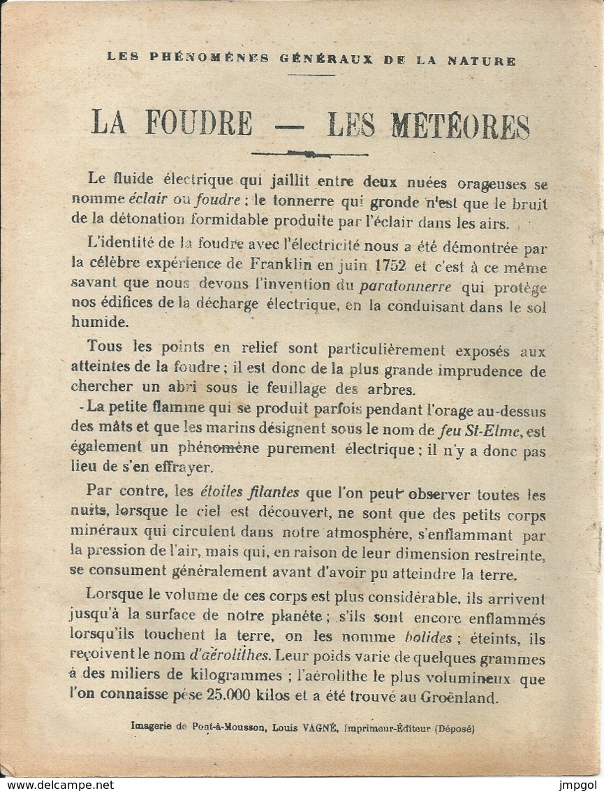 Couverture Cahier Les Phénomènes Généraux De La Nature La Foudre Les Météores Louis Vagné Pont à Mousson - Book Covers