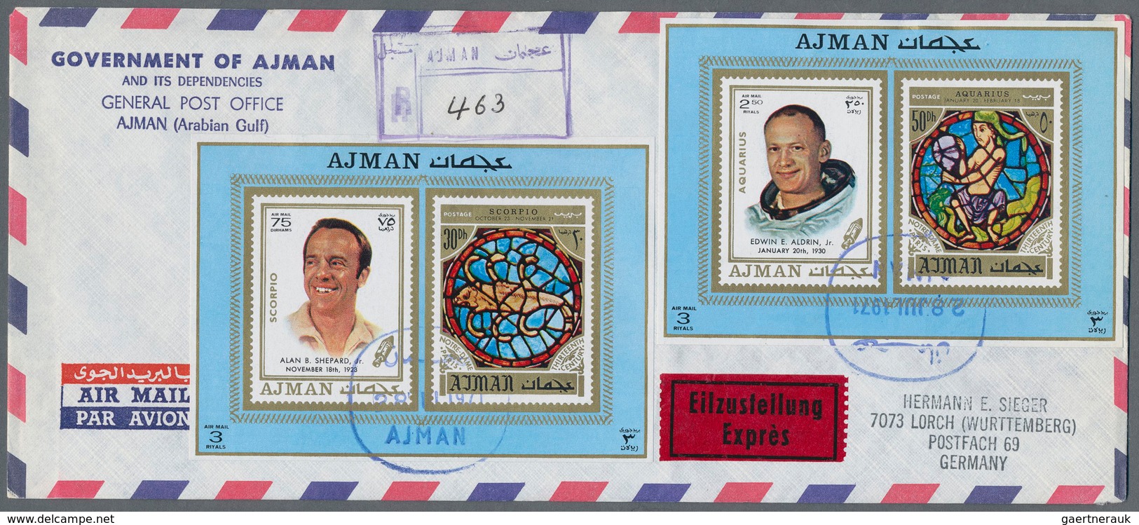 Thematik: Raumfahrt / astronautics: 1969/1973, Ajman/Fujeira, group of 18 covers (registered airmail