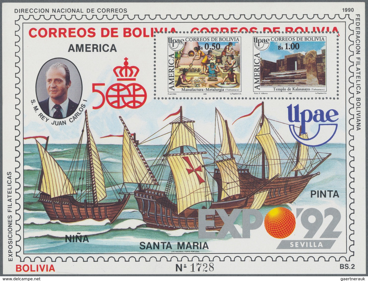 Thematik: Schiffe-Segelschiffe / Ships-sailing Ships: 1990, BOLIVIA: 500 Years Of Discovery Of Ameri - Ships