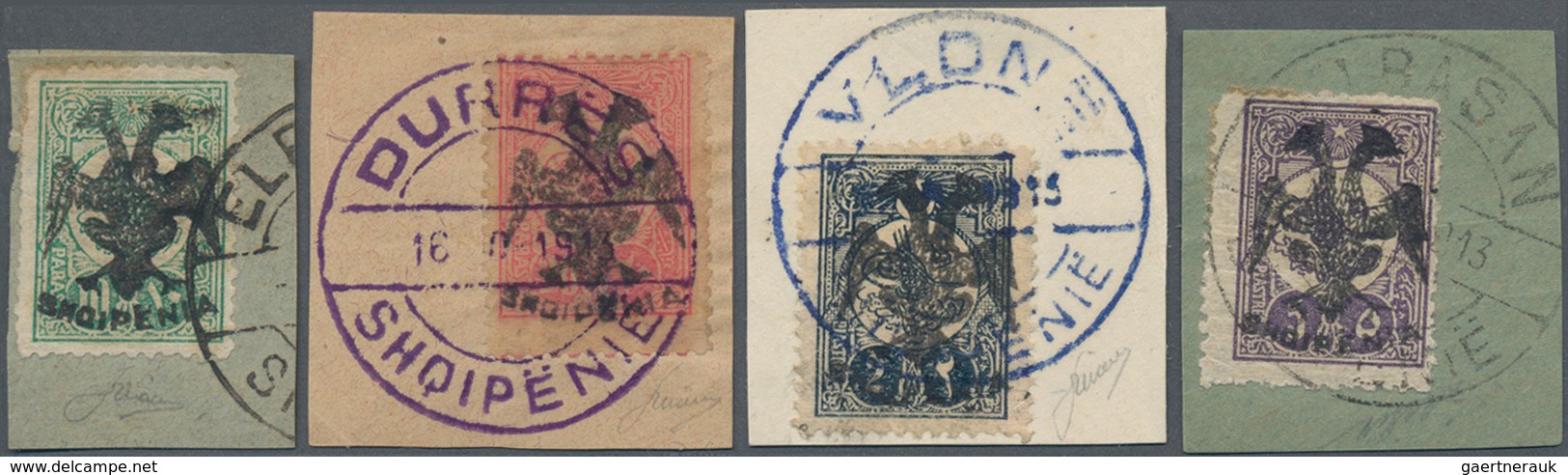 Albanien: 1913, Double Headed Eagle Overprints, Lot Of Four Stamps Used On Piece: 10pa. Green, 20pa. - Albania